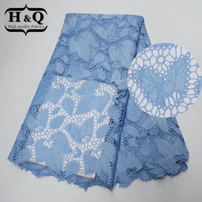 

2019 High Quality African Cord Lace Fabric Embroidered 5 Yards Hollow Out Lace Water Soluble Lace Fabric with Stones For Dress