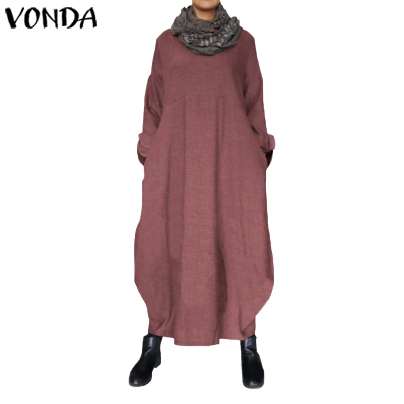 Красный VONDA платье для беременных, винтажное платье с круглым вырезом и длинным рукавом, вечерние платья макси, повседневное свободное осеннее богемное платье - Цвет: Красный