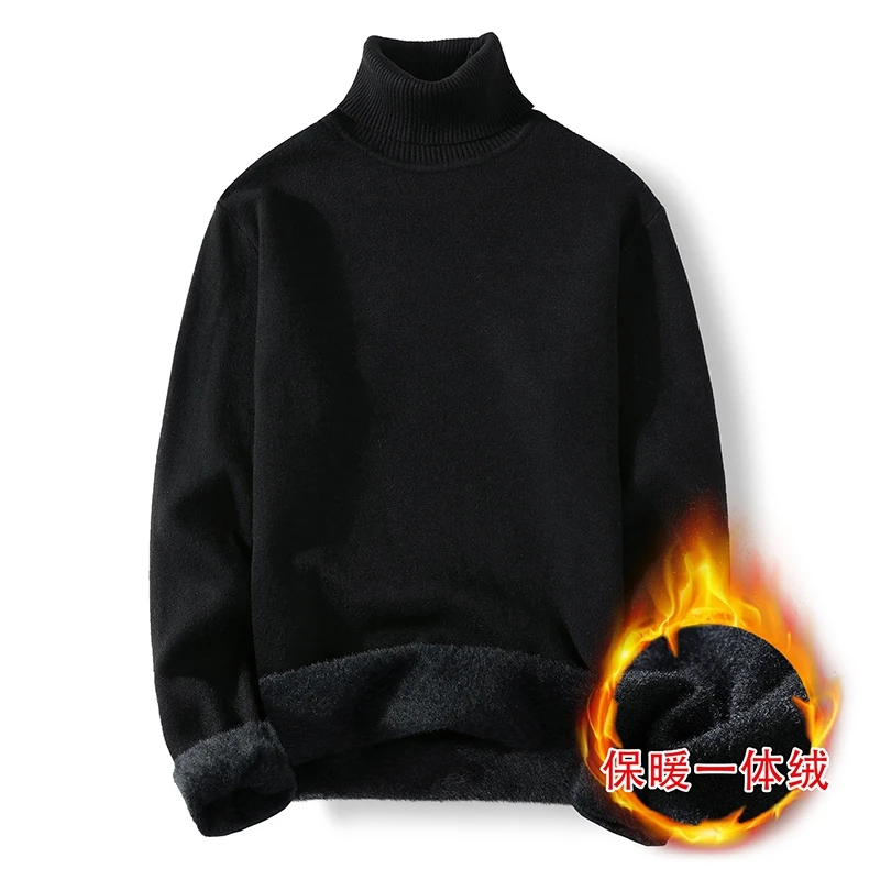 Turtleneck Sweater Men's Winter Slim-Fit Fleece-Lined Thickened Pure Black Knitted Bottoming Shirt Fashion Warm Keeping Line