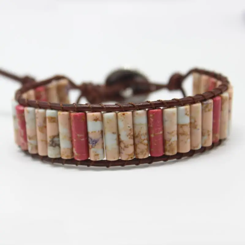 

Popular Chakra Bracelet Jewelry DIY Handmade Mahogany Natural Stone Leather Wrap Bracelet Tube Beads Couples Bracelets Gifts