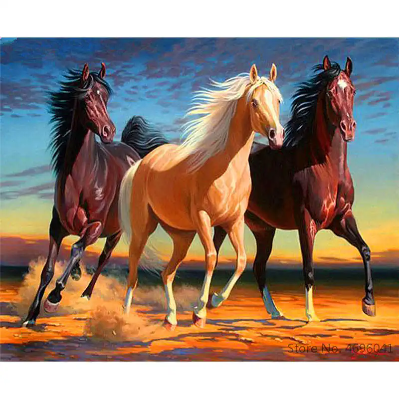 Три картины по номерам. Алмазная мозаика табун лошадей 40х50см. Ga75162. Картина лошади. Табун лошадей. Картина три лошади.