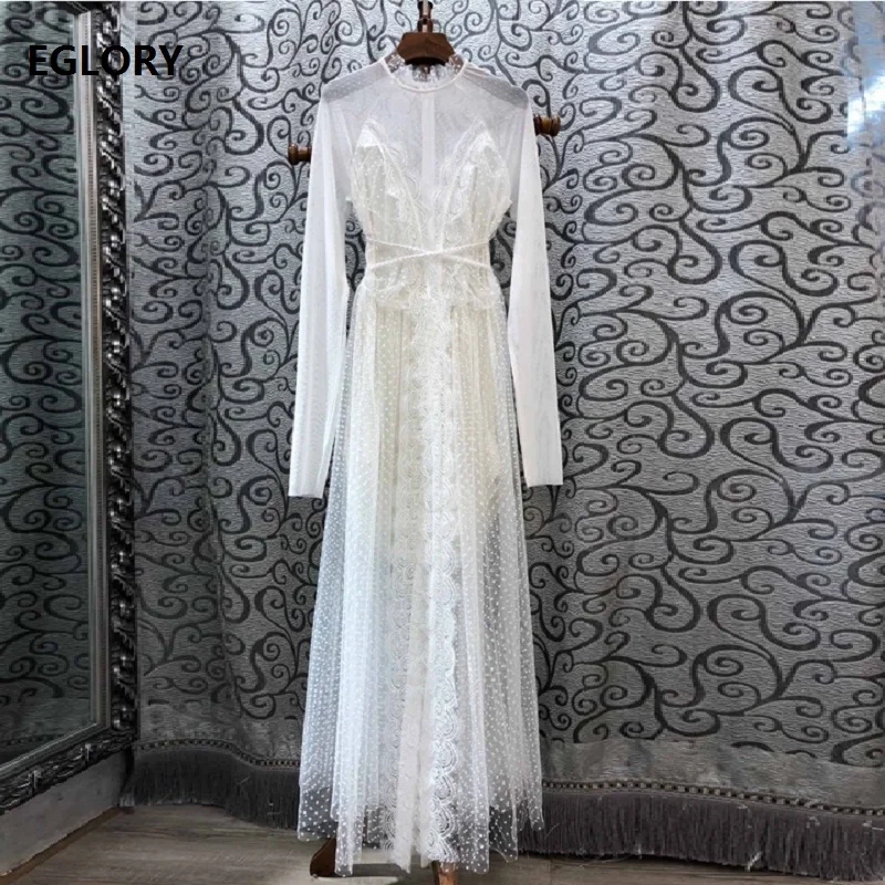 white Высокое качество Новинка осенние длинные вечерние свадебные платья vestido Женские соблазнительные прозрачные Сетчатое кружевное в стиле пэчворк Платье макси с длинным рукавом - Цвет: white