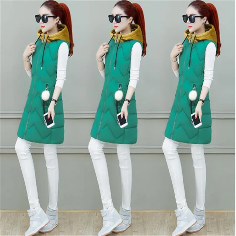 Women Casual Waistcoat Medium-Long Autumn WInter Women Vest Hooded Zipper Warm Vest Slim Women Clothing Plus Size 3XL H030