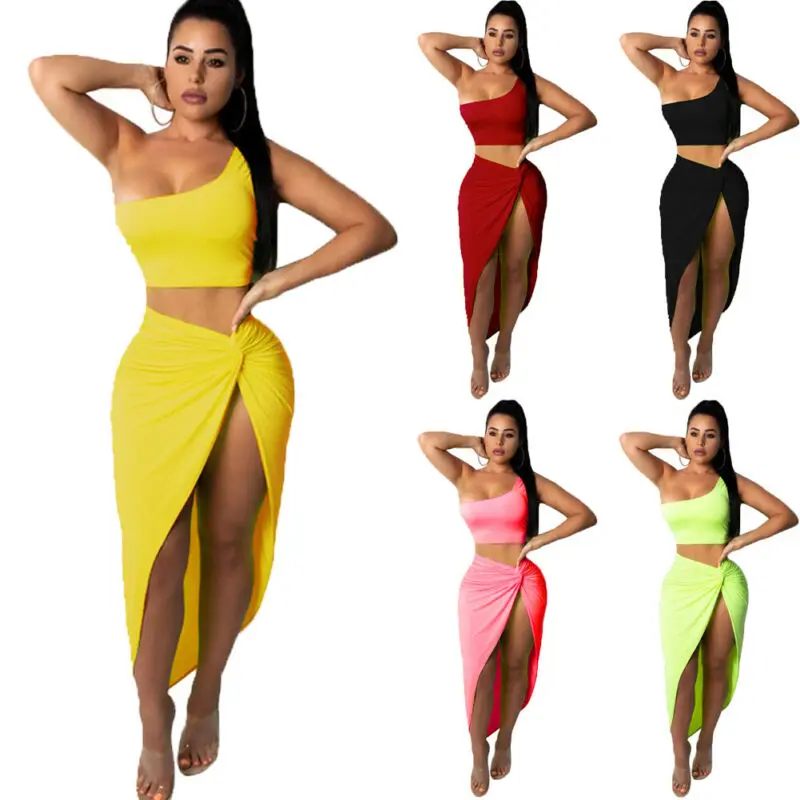 Летняя пляжная одежда 2019 Для женщин Bodycon комплект из двух предметов комплект: укороченный топ и юбка сексуальное Клубное платье комплект из