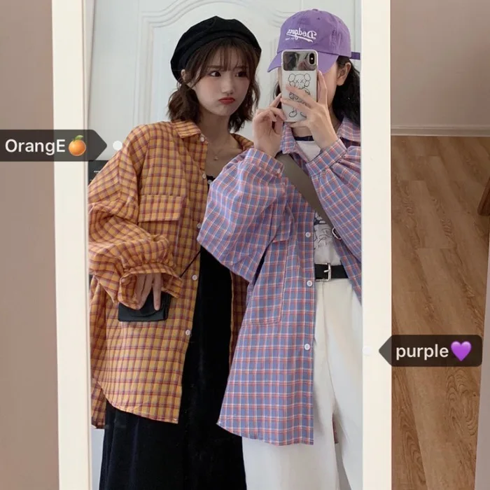 Autumn New Net Red Plaid Long Sleeve Shirt Women's Korean Retro Air Loose Lantern Sleeve Shirt Coat