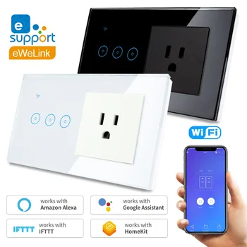 

Wifi Glass Touch Panel Switch with Socket US Standard Work with Google home Amazon Alexa 1 2 3Gang 1way Wall Touch Switch-Socket