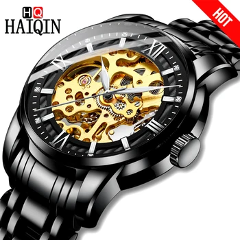 

HAIQIN Automatic Men Watches Mechanical Black Classic Hollow Watch Sports Steel Waterproof Wristwatch Clock Relogio Masculino