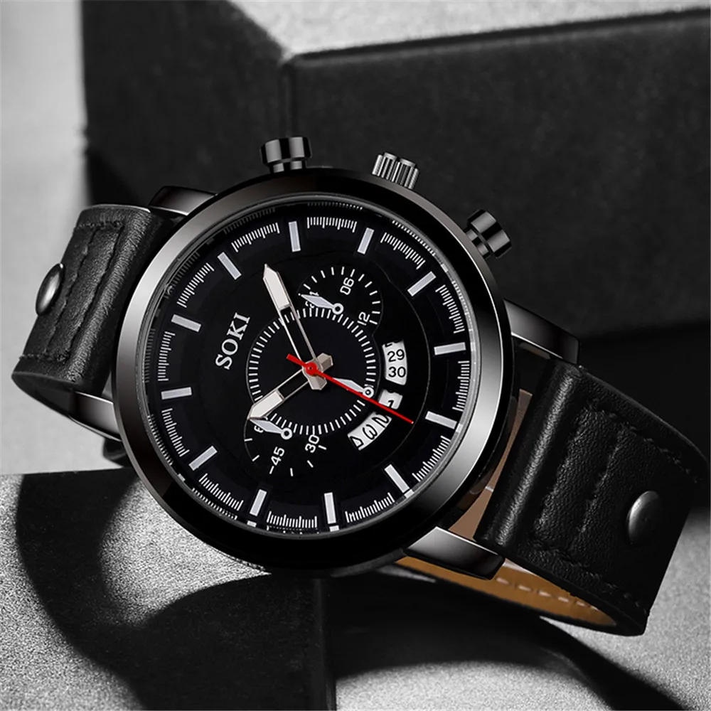 Soki брендовые Роскошные спортивные часы модный кожаный ремешок кварцевые мужские повседневные деловые мужские наручные часы Montre Homme