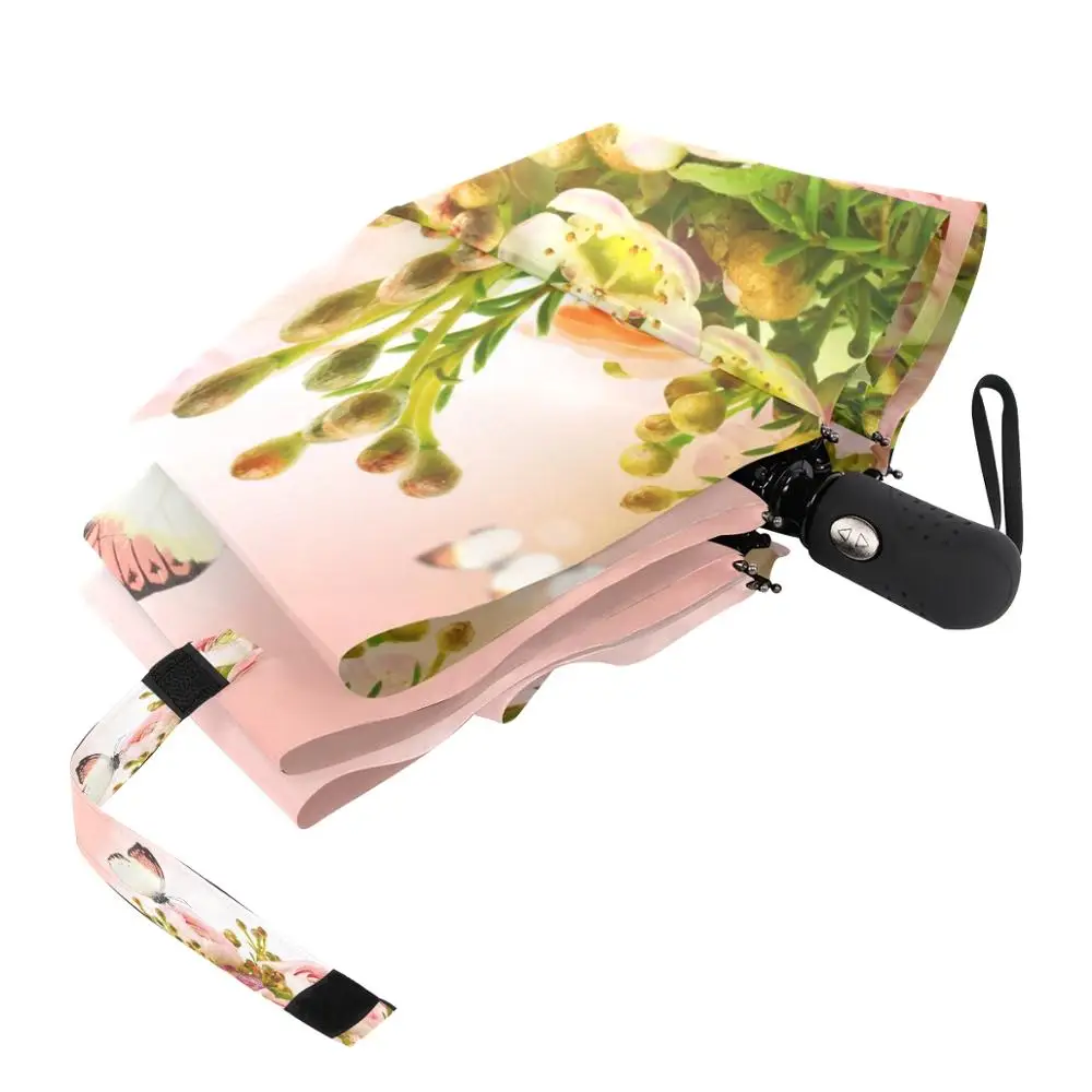 Beautiful Pink Roses and Butterfly Umbrella Rain Women Gift Three Folding Umbrellas Windproof Automatic Portable Travel Umbrella