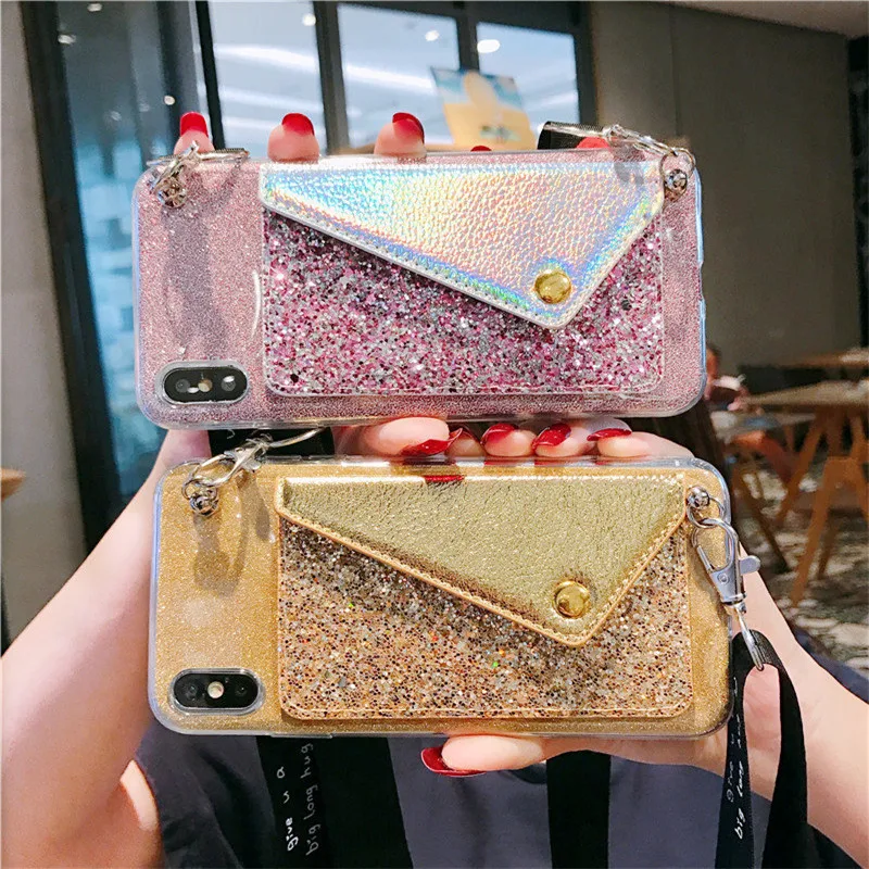 

Transparent Cover Glitter Paper With Wallet Lanyard Phone Cases For Xiaom Redmi Mi Note 6 7 7A 8 8A 8SE 9 9T 9SE Pro Lite Funda
