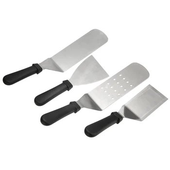 

4pcs Food Spatula Set Stainless Steel Cooking Utensils Hamburger Meat Pancake Spatula Wooden Handle Kitchen Tools