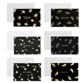 

12 Sets Black Floral Card Universal Greeting Card Flower Blessing Card Paper Festival Gift Party Supplies with Envelope (6 Patte