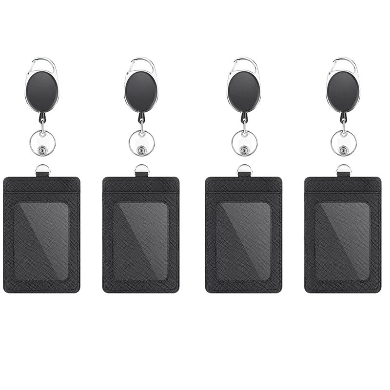2 x Badge Holders and Heavy Duty Retractable Reel Clips Set Vertical PU Leather Clear ID Window Card Slots |