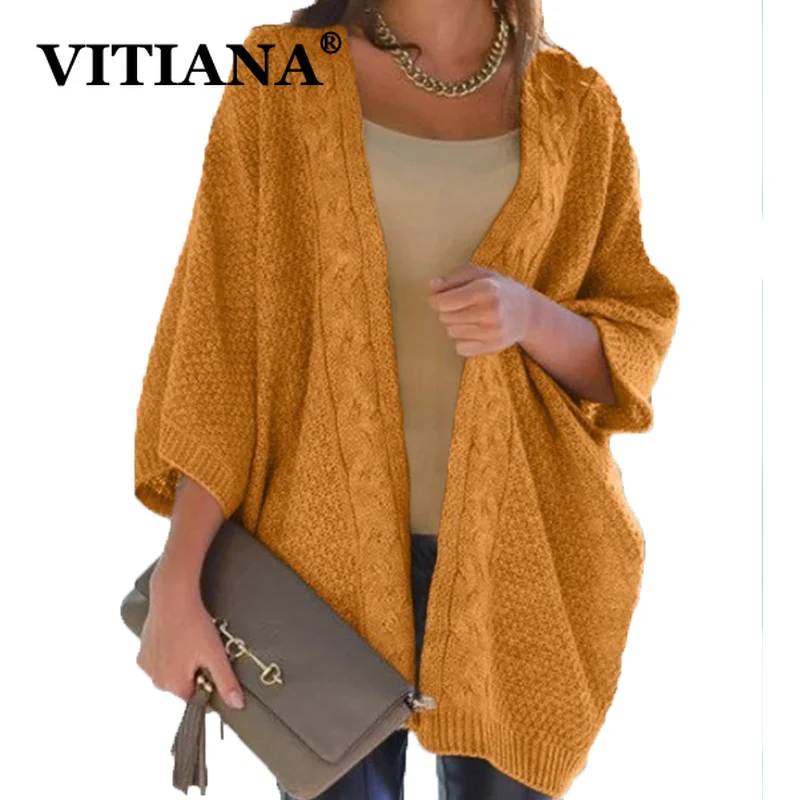 VITIANA, длинный женский кардиган с рукавом летучая мышь, осень, женские вязаные свободные свитера с открытой строчкой, женские зимние свитера