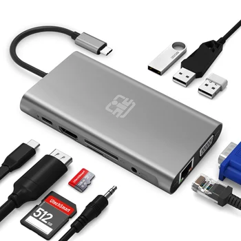 

10-in-1Hud Includes Type C Cable USB 3.0 Ports 4K HDMI Video Output RJ45 Gigabit Ethernet Port VGA Micro SD SD Card Slot
