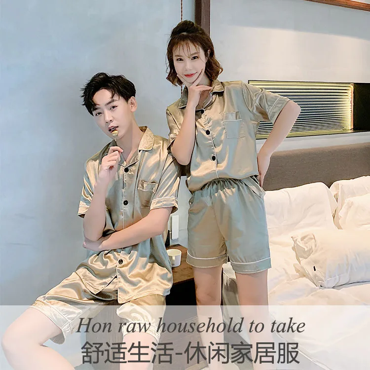 Yidanna Couple Pajamas Set Polyester Nightwear Short  Sleeved Sleepwear Summer Sleep Clothing Imitation Silk Nighties Women Paja silk pj set