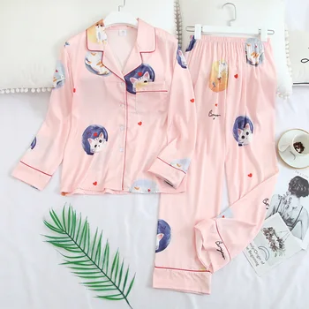 

Pink Cartoon Pajamas Set Women Satin 2PCS Sleepwear Long Sleeve Pyjamas Suit Female Silky Sleep Set Casual Home Clothes