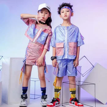 

Sequin Jazz Dance Costumes Hiphop Street Dance Rave Outfit Boys Girls Stage Performance Clothing Kids Practice Wear 2 Pcs DF1653