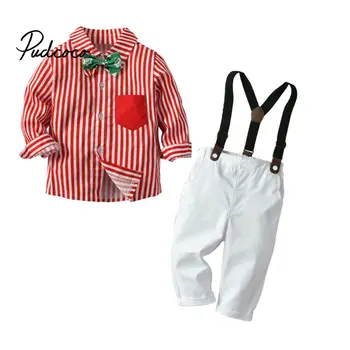 

2pcs Baby Set Boy Striped Long Sleeve Bow Dress Shirt Tops+Suspender Long Pants Party Suit Childrens Kid Boys Gentleman Clothes