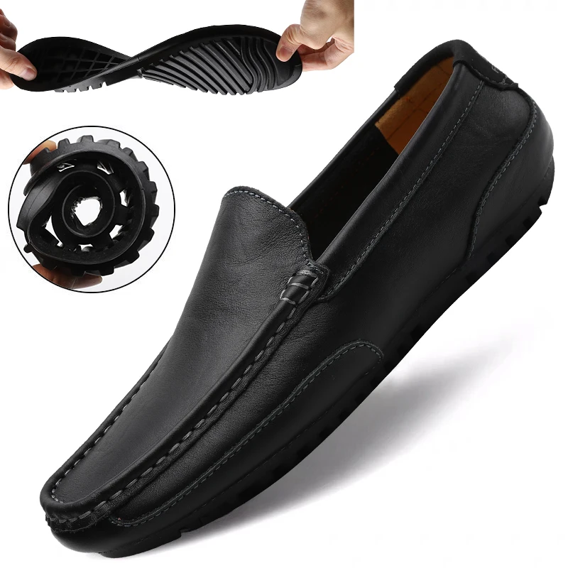 CusGifta Mens Leather Loafers Casual Shoes Slip On Flats Moccasins Shoes Hand Stitching Walking Hiking Shoes for Men