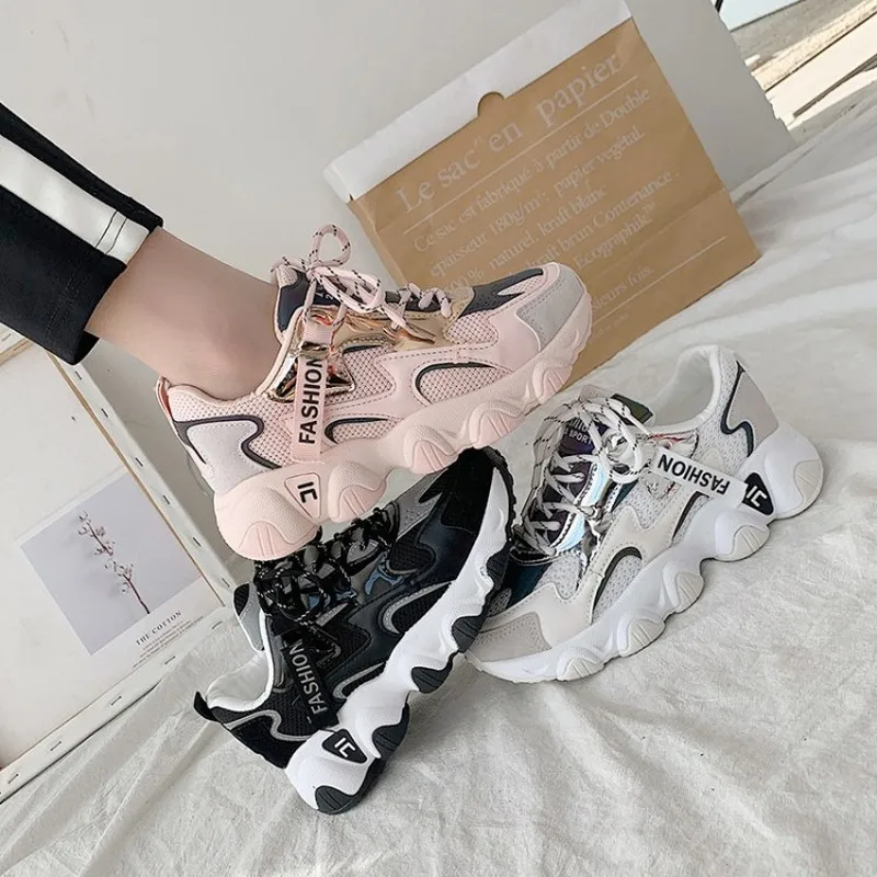 

Women's Sneakers Leather Shoes White Platform Female Vulcanized Running Shoe Lace Up Solid Chaussure Reflective Woman I6-18