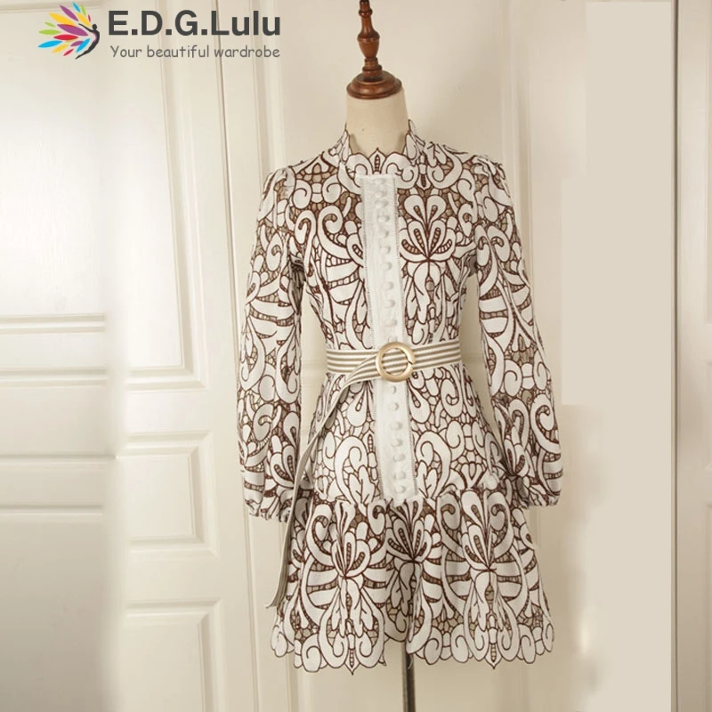 EDGLuLu lace dresses 2019 high quality autumn winter print dress long sleeve vintage chic elegant puff mini + belt | Женская одежда