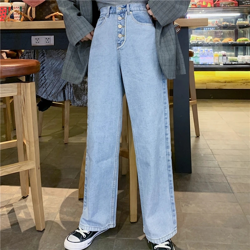 Vintage de talla grande moda Jean bota ancha mujer pierna ancha cintura  alta longitud completa pantalones vaqueros niñas azul pantalon Oficina| Pantalones vaqueros| - AliExpress
