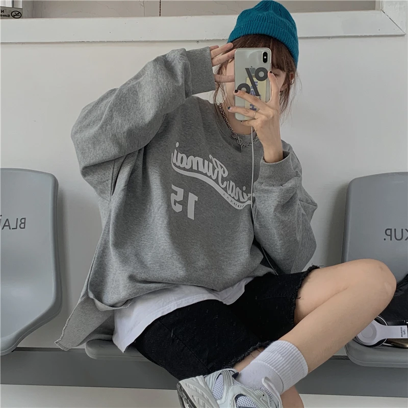 

New 2020 Autumn Korean Chic Women Hoodies Sports Tops Loose Thin Casual Lazy Letter Printing Long-sleeved Round Neck Sweatshirts