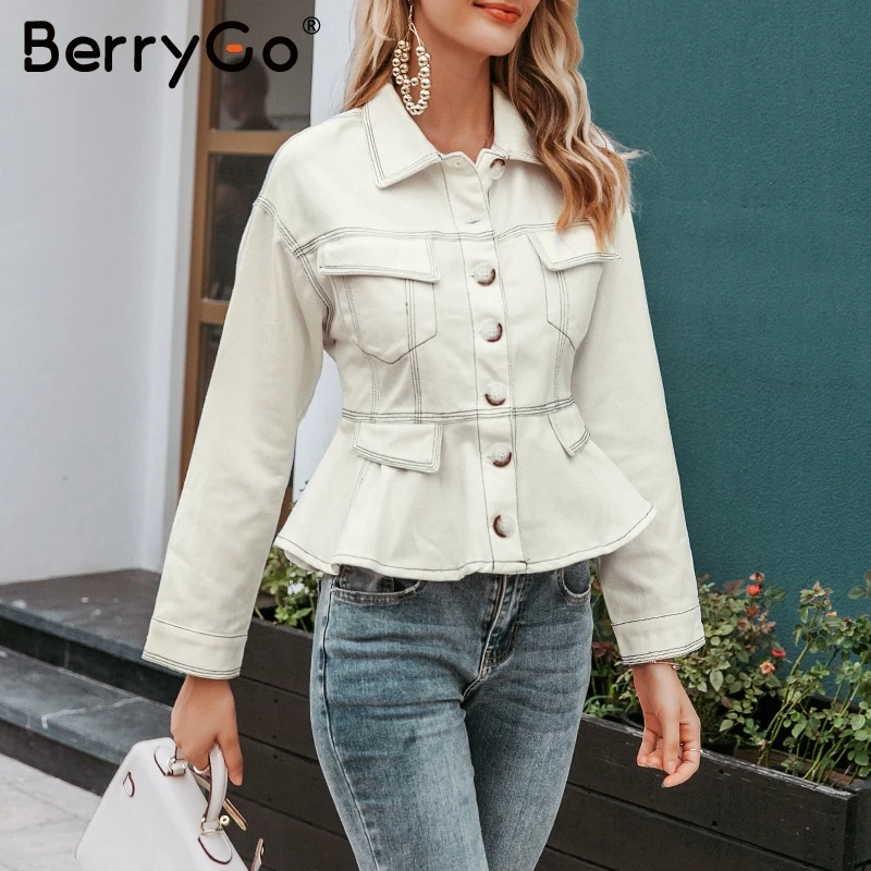 BerryGo элегантные женские джинсовые куртки с длинным рукавом Осенняя женская верхняя одежда хлопковая куртка с высокой талией пуговицы офисные женские белые пальто