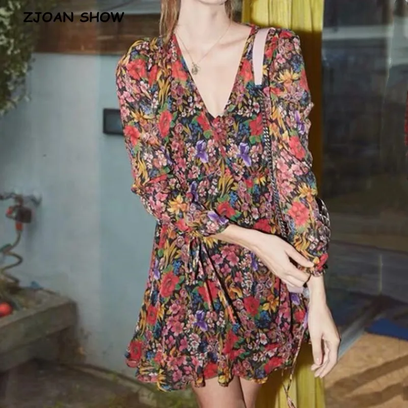 

2020 Retro Cross V neck Red Floral Print Lacing up Long sleeve Short Dress for Woman Vintage French Chiffon Mini Dresses Holiday