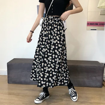 

Vintage Floral Print Ruffle Pleated Long Skirts Summer Women Korean Skirt Streetwear Drawstring Elastic Waist Midi Skirt A-line