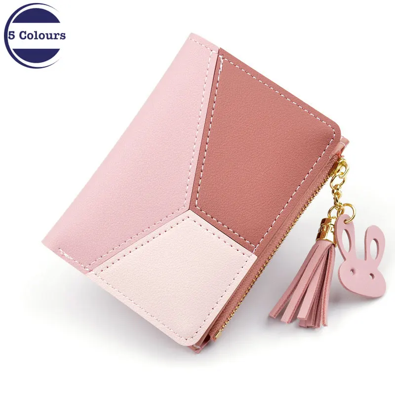 

New Wallet Short Women Zipper Wallet Female Student Color Matching Pink Rabbit Tassel Wild Black Wallet Card Package Card Holder