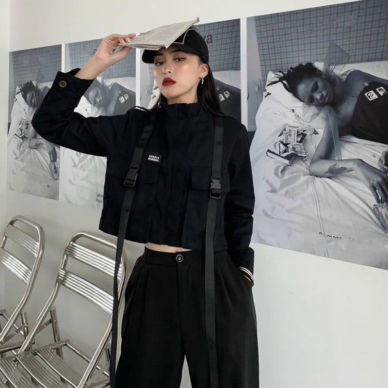 Neploe Harajuku уличная мотоциклетная куртка с карманами из ленты, пальто Карго, осень, повседневная короткая черная верхняя одежда на молнии, 55756