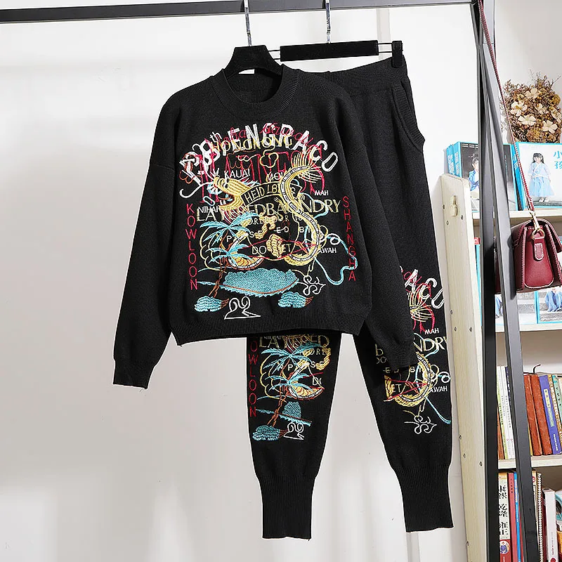 

Black Tracksuits Knitted Set Women Letter Cartoons Embroidery Pullover Sweater Long Pants Outfits Female Loose Casual Knit Suit