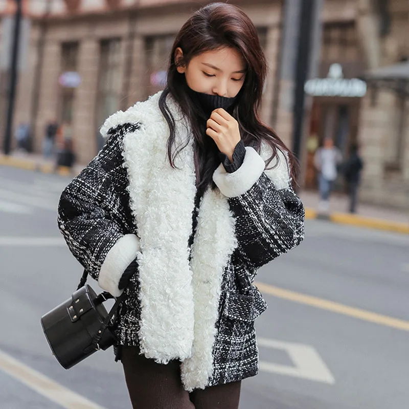 Горячая Распродажа, зимнее пальто из меха ягненка, женская верхняя одежда, модное шерстяное пальто в клетку с отложным воротником, верхняя одежда, зимнее теплое пальто