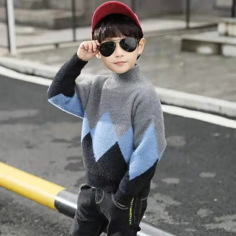 Свитер, пуловер в японском стиле, одежда для маленьких мальчиков, свитер, Детская шерсть норки наполовину высокий ворот, зимний свитер - Цвет: Синий
