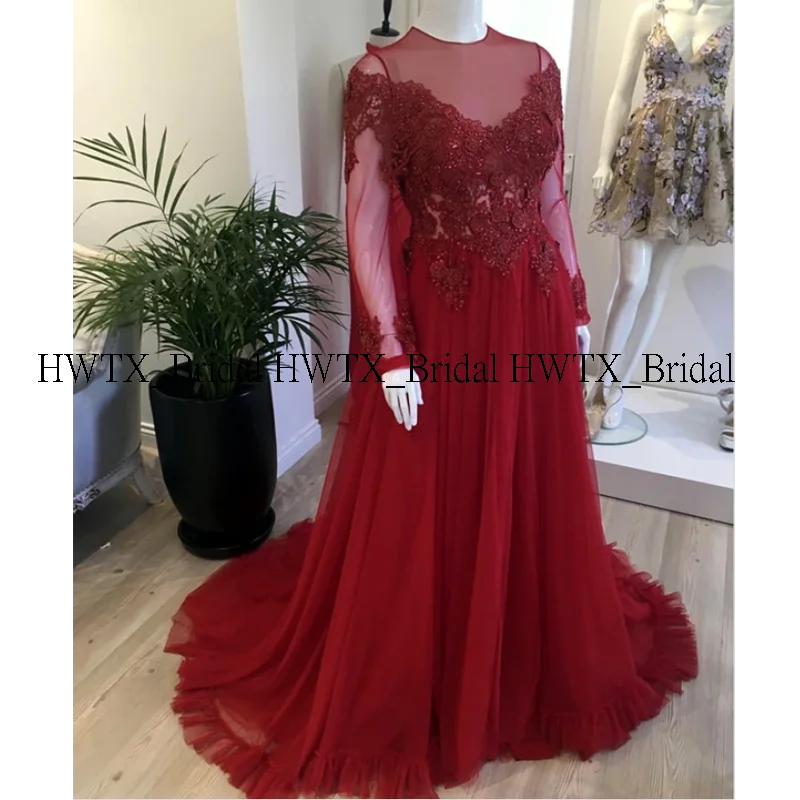 HWTX_Bridal Тюль с длинным рукавом вечернее платье Иллюзия лиф кружева размера плюс А-силуэт длинные платья для выпускного вечера на заказ Формальное вечернее платье