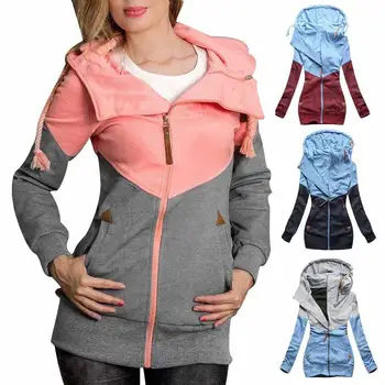 

Fashion Spring Autumn Plus Size Women Color Block Hooded Jacket With Zipper Long Sleeve Female Sport Casual Coat