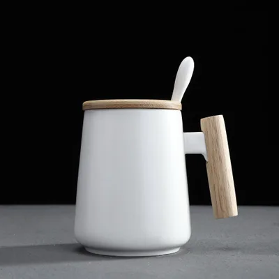 Деревянная Ручка чашка творческая личность керамическая чашка с крышкой Ложка нордическая ins большая емкость кружка для питья логотип на заказ - Цвет: 1set
