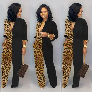 

New style African Women clothing Dashiki fashion Leopard-print long-sleeved straight jumpsuit size S - XXL MZ457
