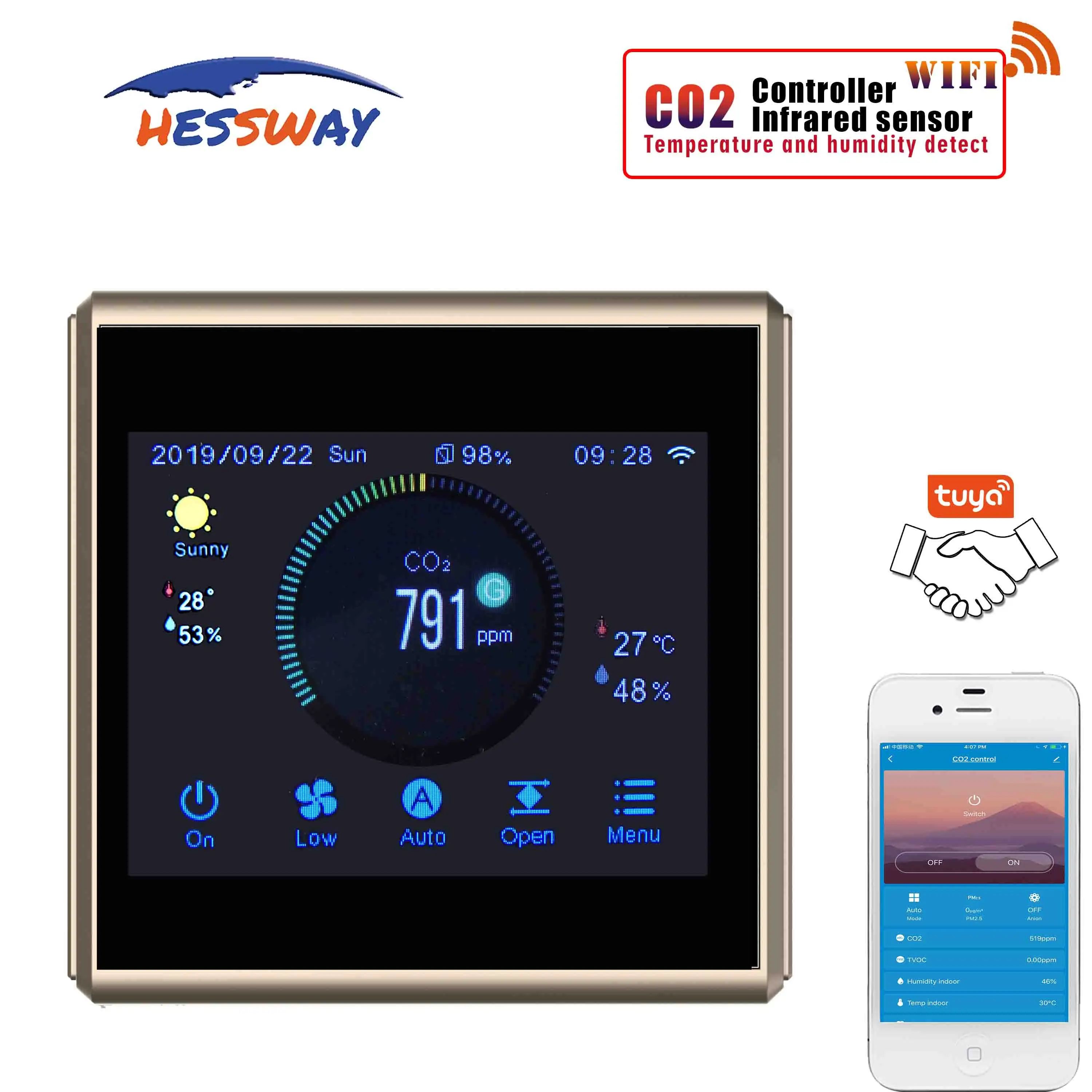Система вентиляции воздуха TUYA APP ndir co2 Датчик качества монитор для wifi цветной