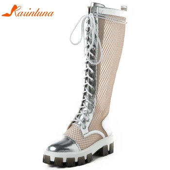 

Karinluna New Arrivals 2020 Genuine Leather Square Heels Comfortable Shoes Woman Boots Lace-Up Platform Summer Boots Women