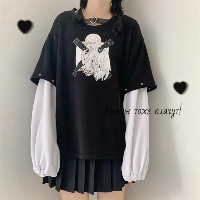 

Gothic Harajuku Punk Black Angel Long Sleeve Patchwork Hoodies Pullovers Korean Women's BF Fake two pieces Sweatshirt Tops