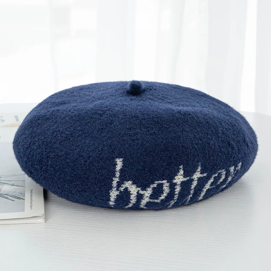 Navy blue Французский стиль, винтажные женские шерстяные береты с буквенным принтом, шапка бини, шапка осень-зима, мягкая шапка для художника, женская шапка, теплая прогулочная шапка - Цвет: Navy blue