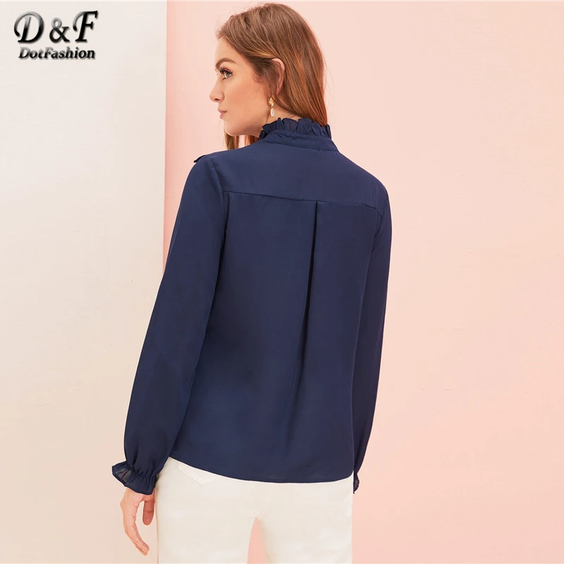 Dotfashion/Повседневная Женская блузка на пуговицах со стоячим воротником; коллекция года; сезон осень; блузка с рукавами-воланами; милый топ с оборками для девушек
