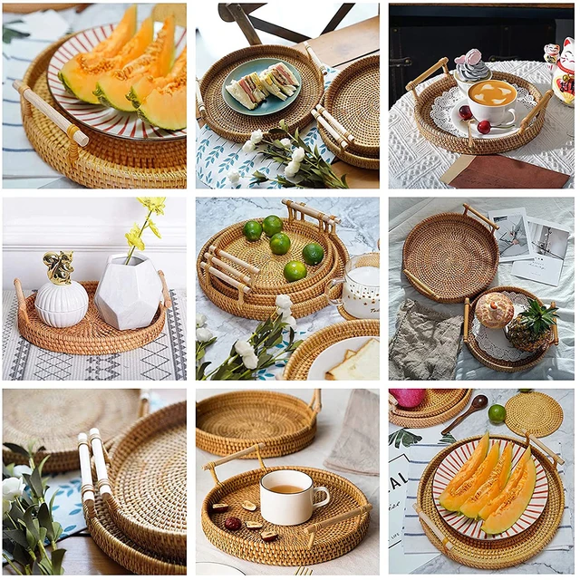 Bandeja redonda de madera de bambú con asas, mesa de té y café, bandeja  decorativa de almacenamiento de alimentos para servir bebidas y alimentos  en