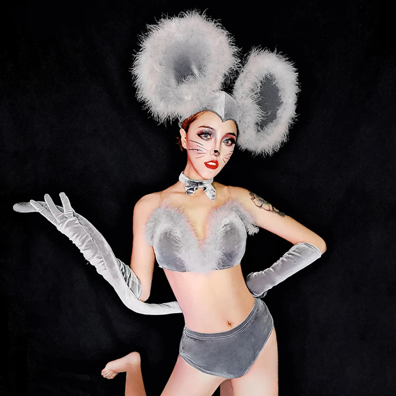 Gray Cute Mouse Suit Ensemble Femme Outfit Women DJ Rave Feather Bikini Headwear GoGo Dance Costume Sexy Nightclub Stage Wear |