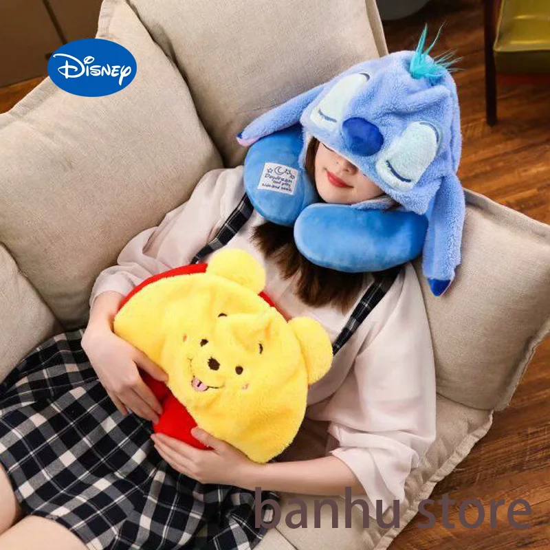 Hooded Travel Pillow Disney Stitch Cartoon Soft U-pillow Plus Hat Cushion