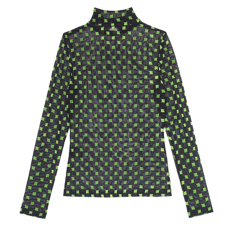 Черная сетчатая футболка с вышитыми зелеными буквами, женская модная прозрачная водолазка в стиле хип-хоп, топы, футболки весна-лето, новые футболки - Цвет: green letter t shirt