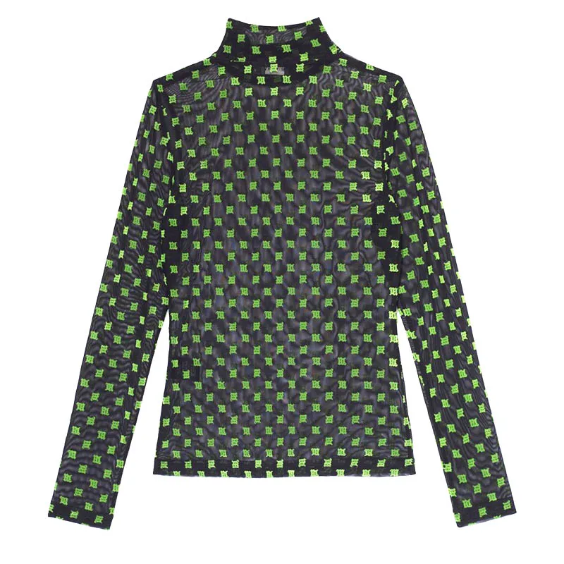 green letter t shirt Черная сетчатая футболка с вышитыми зелеными буквами, женская модная прозрачная водолазка в стиле хип-хоп, топы, футболки весна-лето, новые футболки - Цвет: green letter t shirt